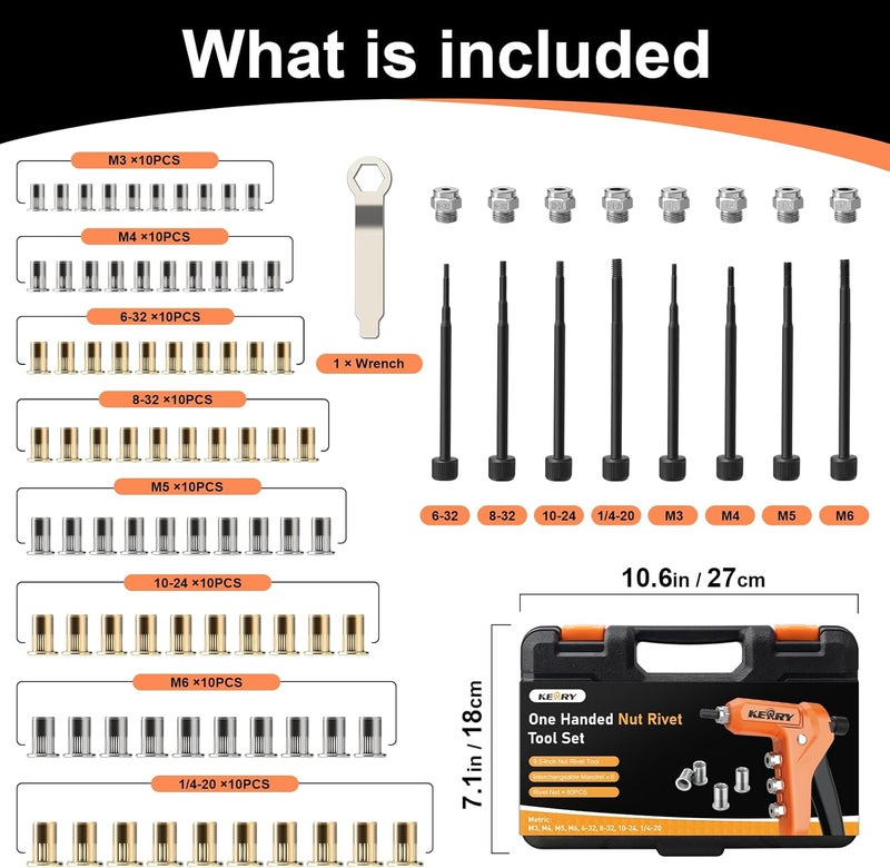 KERRY Rivet Nut Gun Tool, One-Handed Riveters 9.5" Rivnut Tool Kit with 8 Metric and SAE Mandrels 80PCS Rivet Nuts, 6-32 8-32 10-24 1/4-20 M3 M4 M5 M6 with Carrying Case Ideal for Automotive Work - Image 3